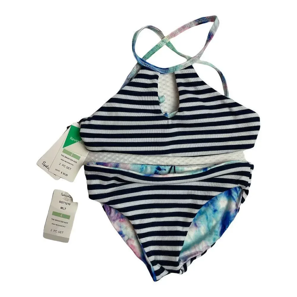 Splendid Blue Tie Dye & Stripe Reversible 2 Piece Bikini Swimsuit Girls Size 4